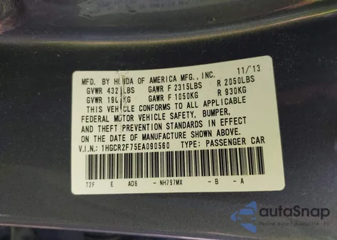 2014 Honda Accord Ex из США, поврежденный, VIN 1HGCR2F75EA090560